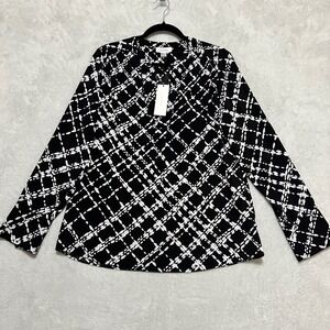 Calvin Klein Blouse Women Large Black White Geometric Lattice V-Neck Long Sleeve